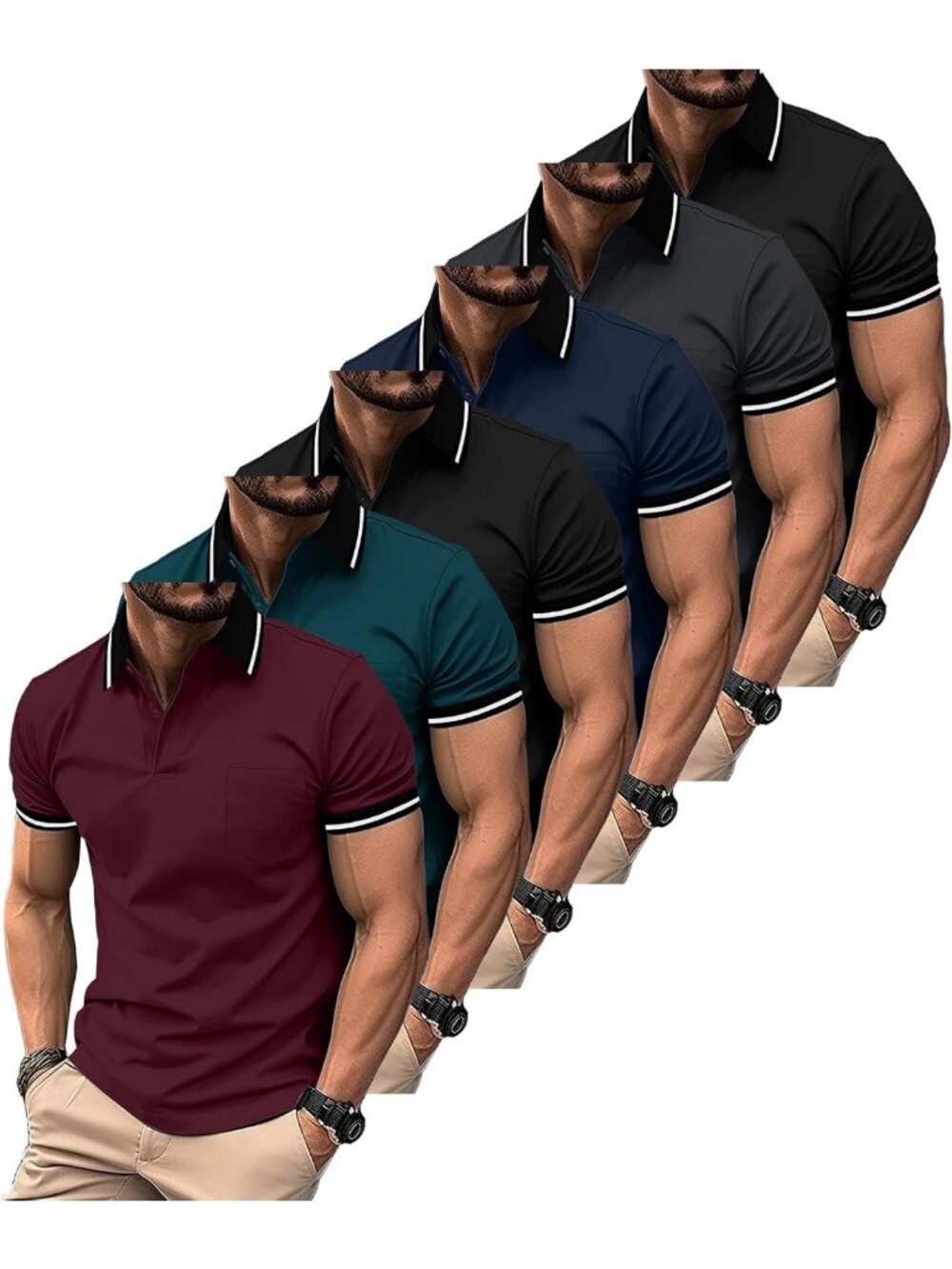 6 Pack Men's Short Sleeve Polo Shirts with Pocket, Wicking Casual Collared Tees